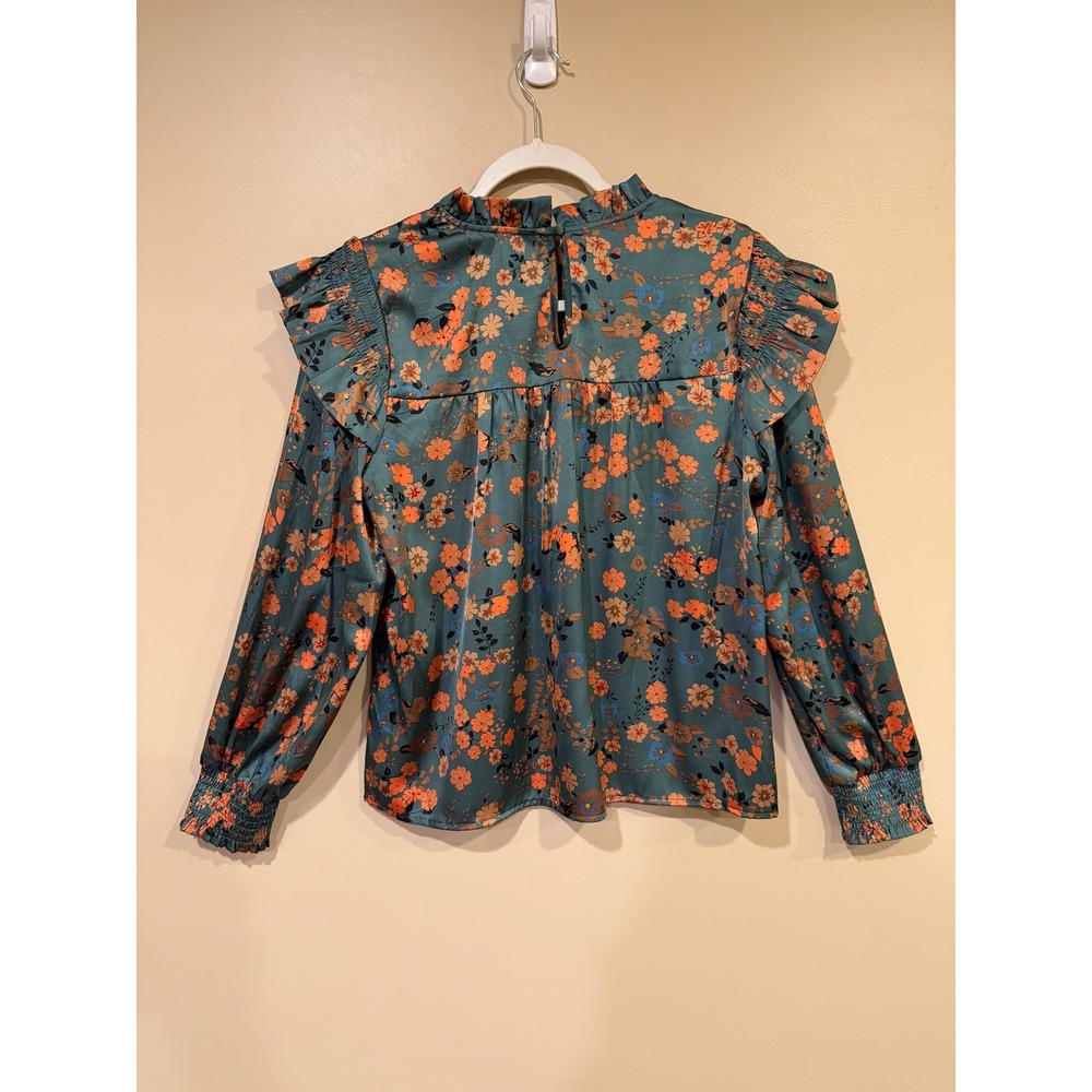 THML Floral Smocked Blouse Medium Green Orange Cottagecore Boho Romantic - Picture 4 of 5